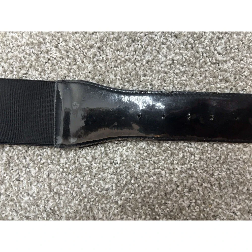 Black Stretch Belt Wide Elastic Patent Faux Leather Silver Buckle